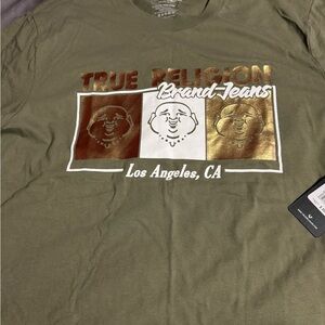 True Religion Olive Short Sleeve Tee with Metallic Bronze & White Logo